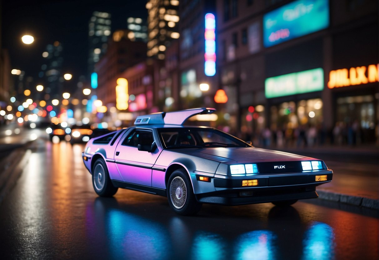 A time-traveling DeLorean speeds through a neon-lit cityscape, leaving streaks of light in its wake. The iconic flux capacitor hums as it propels the car into the future