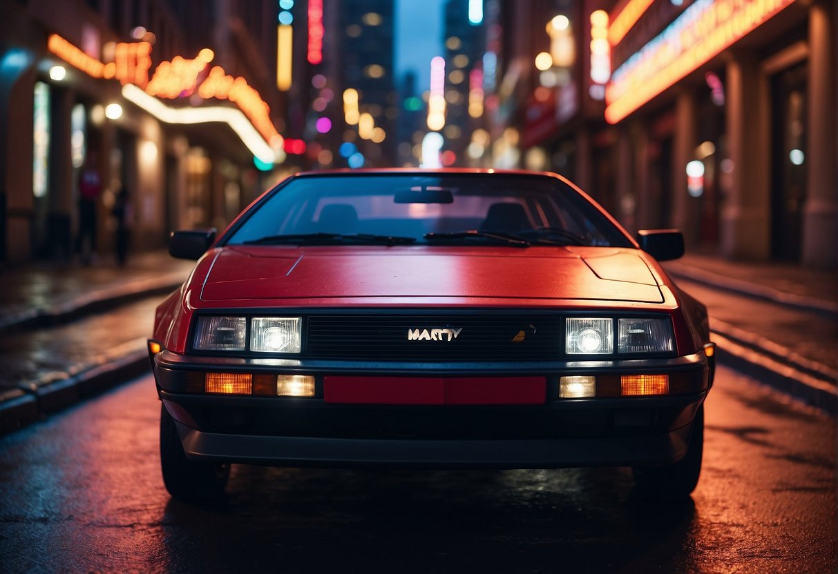 Marty McFly's iconic red DeLorean speeds through a neon-lit 1980s cityscape, with the flux capacitor glowing as it prepares for time travel