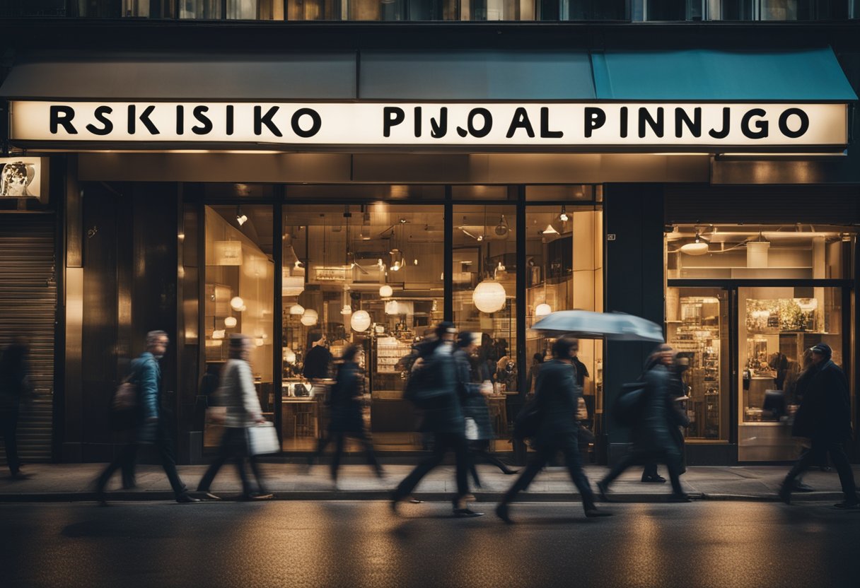 A storefront with a bold sign reading "Risiko Pinjol Legal" stands on a bustling city street. Bright lights and busy pedestrians create a lively atmosphere