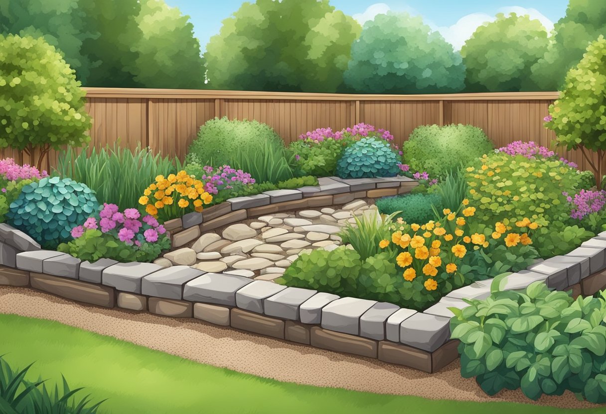 A garden bed with neatly arranged mulch edging, surrounded by a variety of materials such as stones, bricks, or wood for inspiration