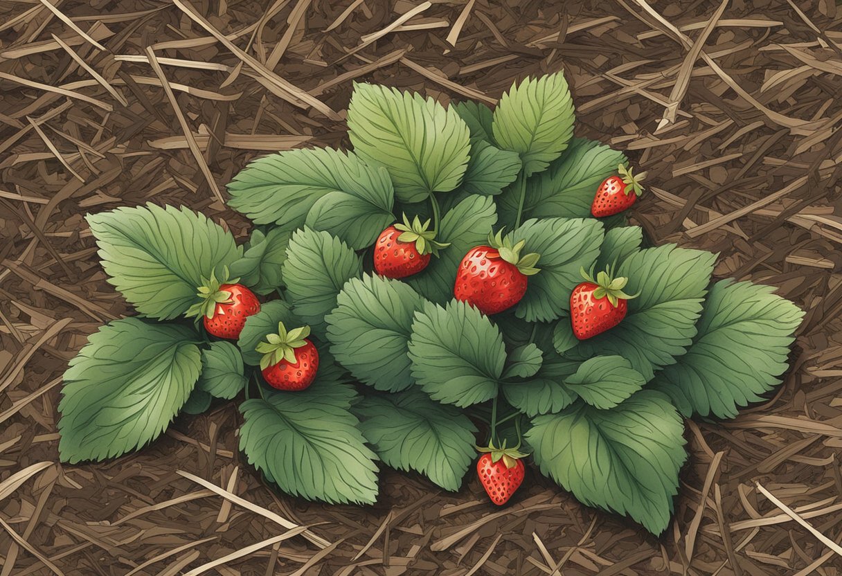 Strawberry plants surrounded by various types of mulch: straw, pine needles, black plastic, and shredded leaves