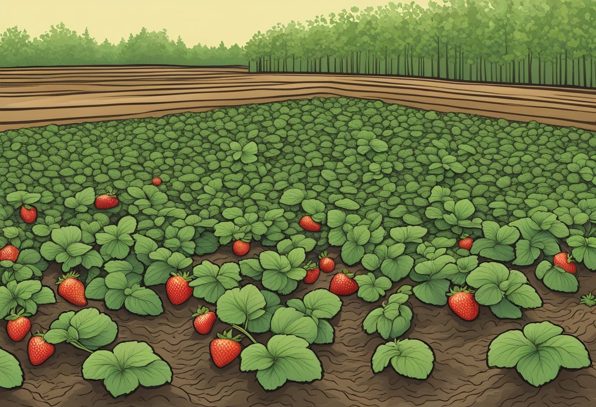 Strawberries surrounded by organic mulch, showing moisture retention and weed suppression. Considerations include cost, availability, and environmental impact