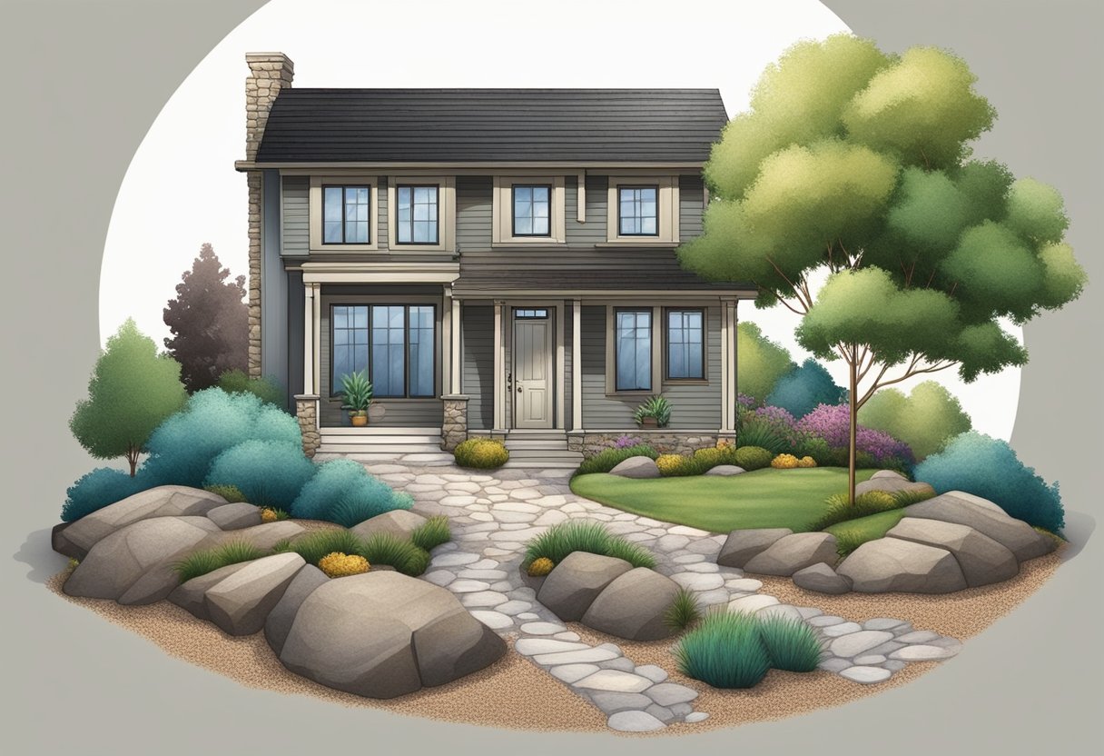 A house surrounded by a neat border of rocks on one side and mulch on the other, creating a stark contrast in texture and color