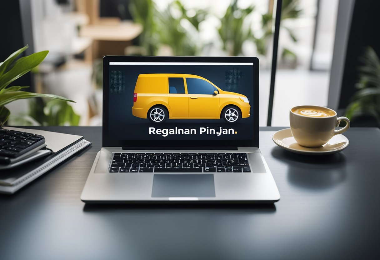 A laptop displaying "Regulasi Pinjaman Online" with low interest rates
