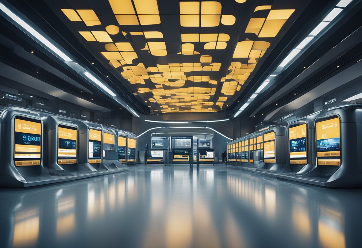 A futuristic train station with digital screens advertising low-interest online loans