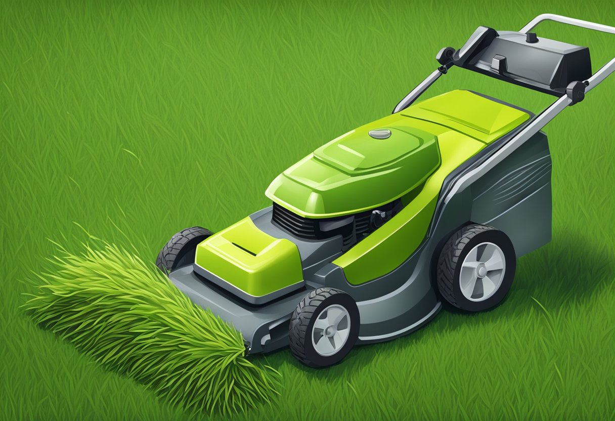 Lawnmower shoots grass clippings to the side. Mulching mower cuts grass into fine pieces and disperses them evenly
