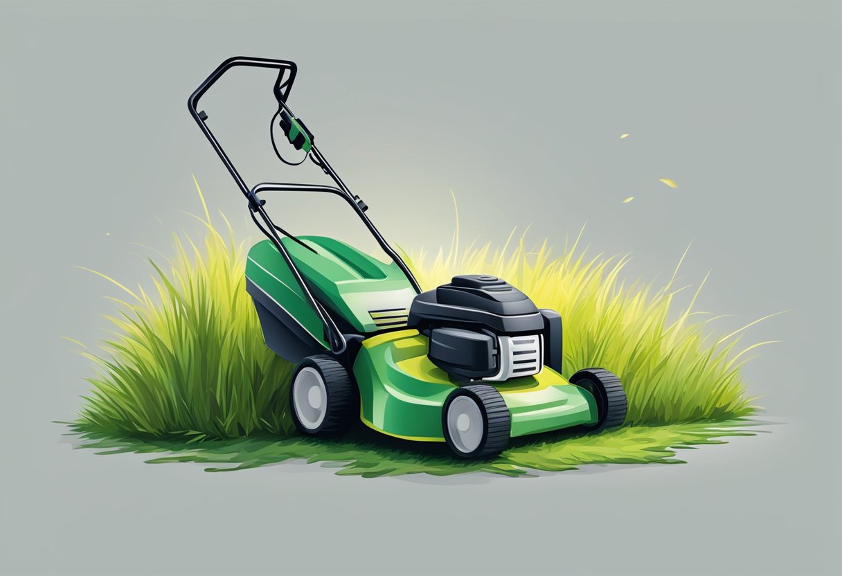 A lawnmower disperses grass clippings to the side, contrasting with another mode mulching them into the lawn