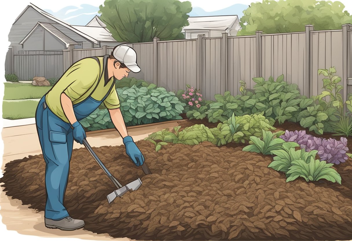 A garden bed with faded mulch, a gardener inspecting its condition, and a pile of fresh mulch nearby