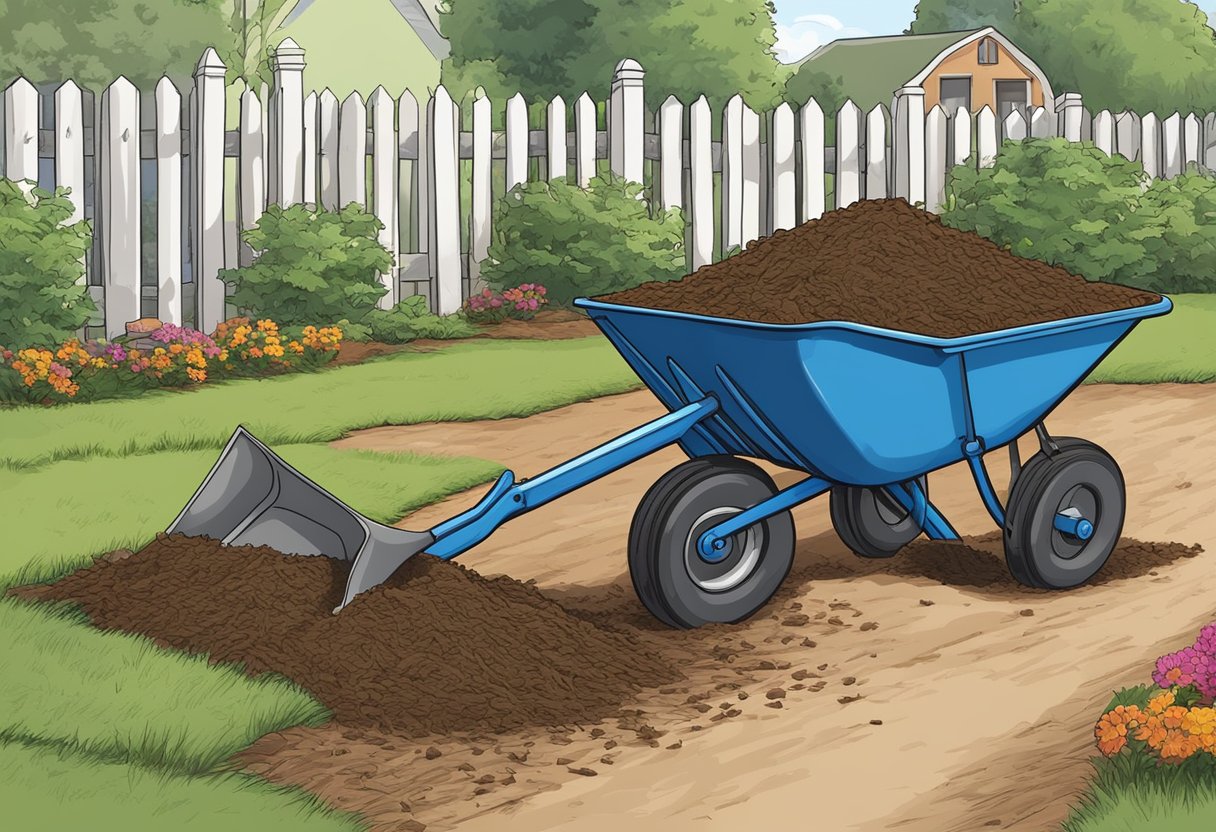 A shovel digs into old mulch, lifting it away. A wheelbarrow waits nearby, ready to receive the discarded mulch
