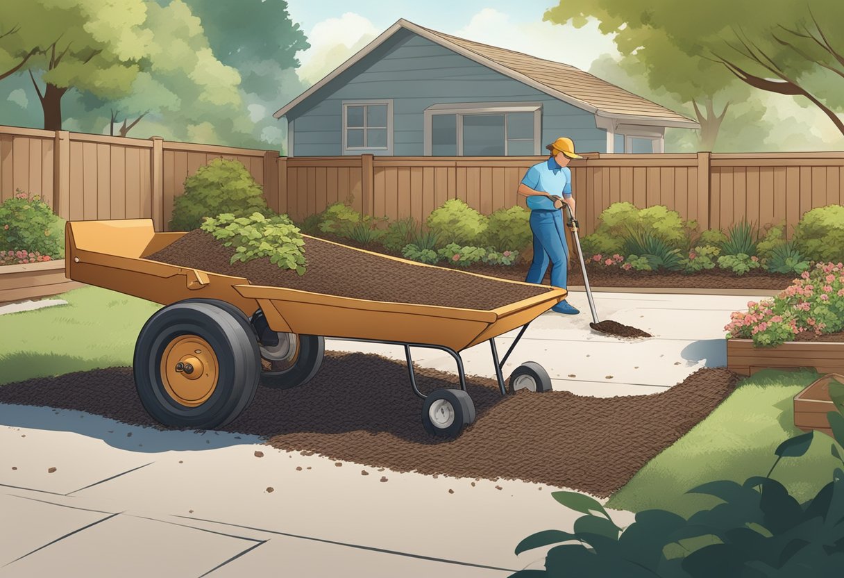 A mulch spreader disperses wood chips onto a garden bed, creating a uniform layer of ground cover