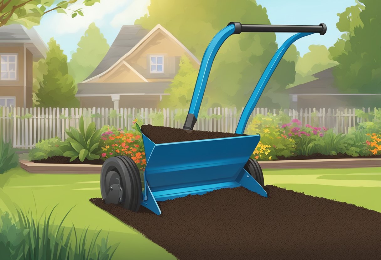 A mulch spreader in action, scattering mulch across a garden bed with precision and efficiency
