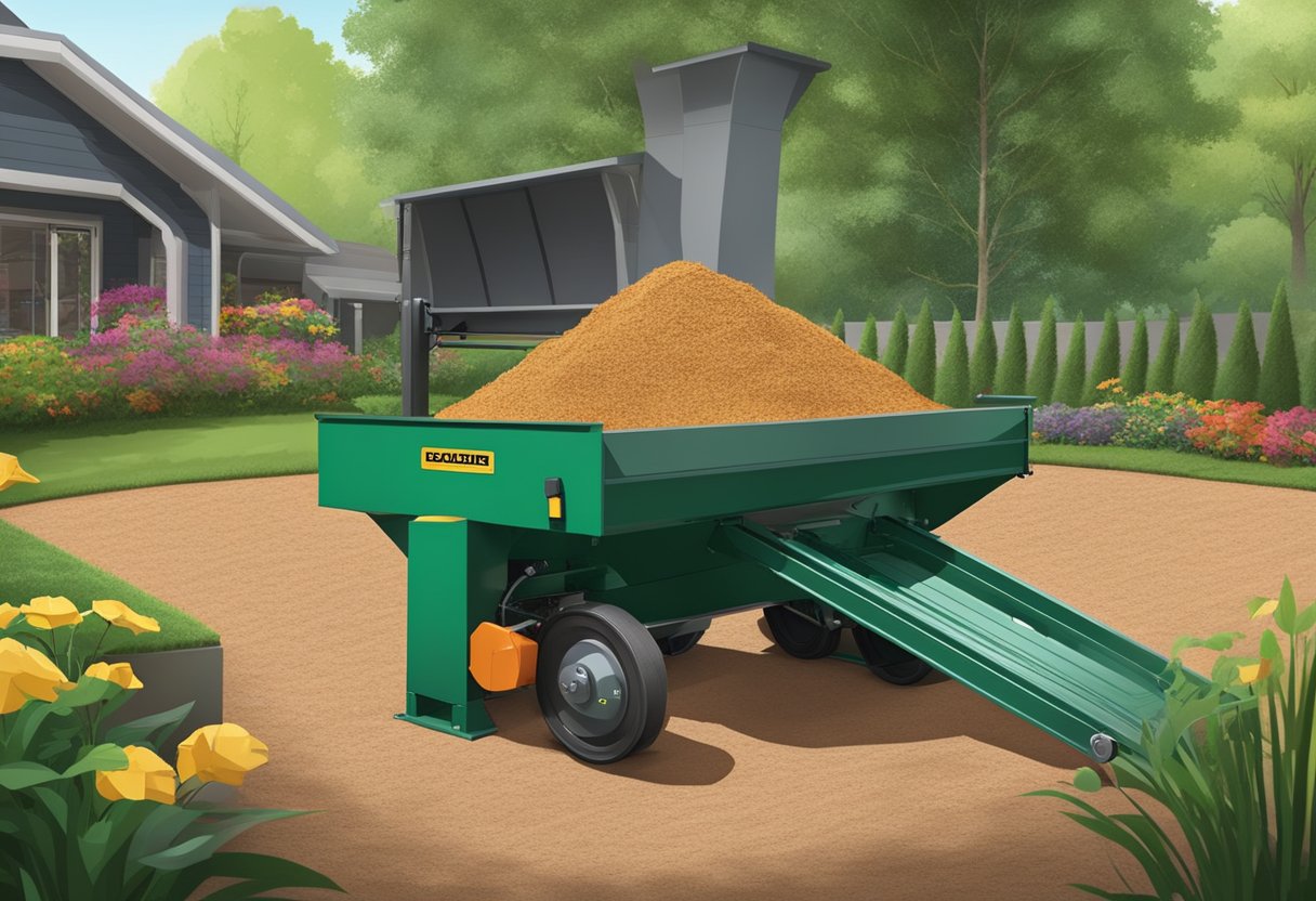 A mulch spreader dispenses wood chips onto a garden bed, with a rotating drum and conveyor belt in action