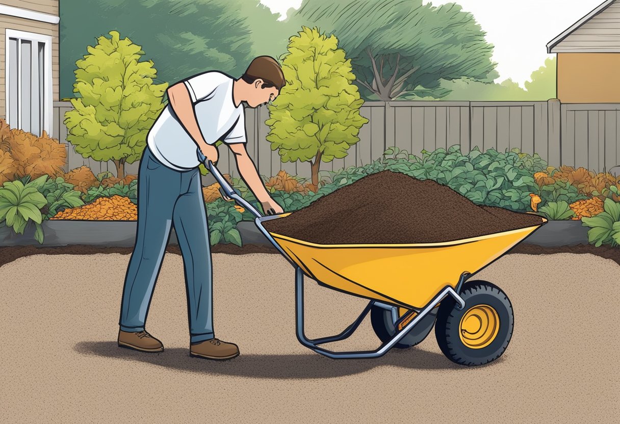 A person using a shovel to fill a wheelbarrow with mulch from a large pile. The wheelbarrow is then being pushed to a garden bed for application