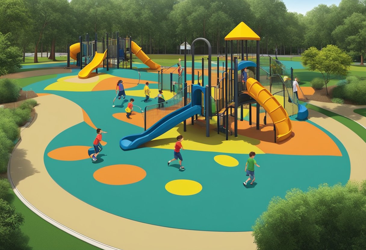 Rubber mulch surrounds a playground, providing a safe and cushioned surface. Children play freely, protected from falls and injuries