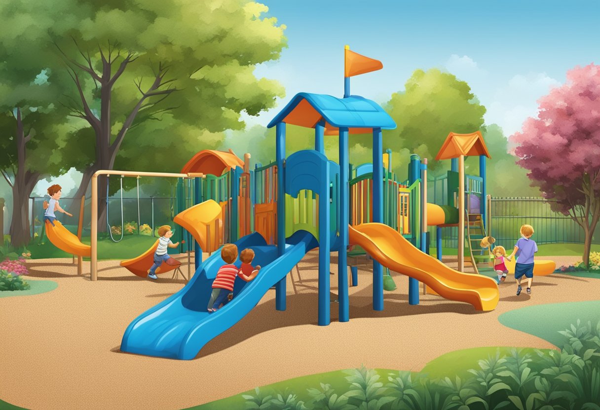 Vibrant playground with soft, cushioned mulch covering the ground, providing a safe and enjoyable environment for children to play