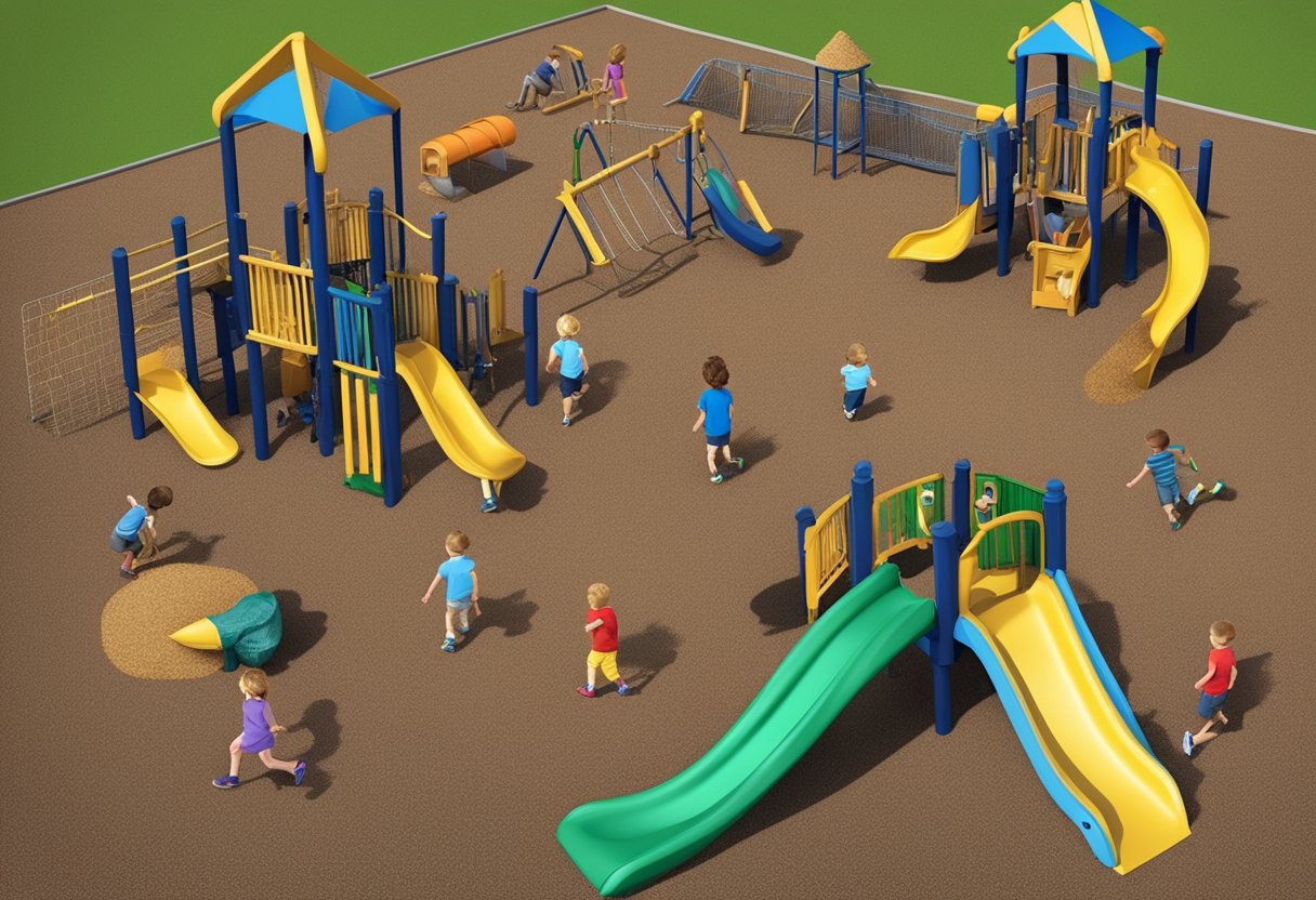 Children play on various types of playground mulch: soft wood chips, rubber mulch, and pea gravel. Each provides a safe and cushioned surface for play