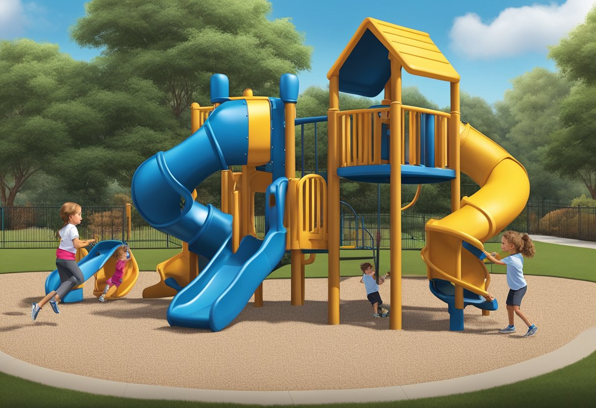 Children play on a playground covered in soft, durable mulch. It meets safety standards and requires regular maintenance