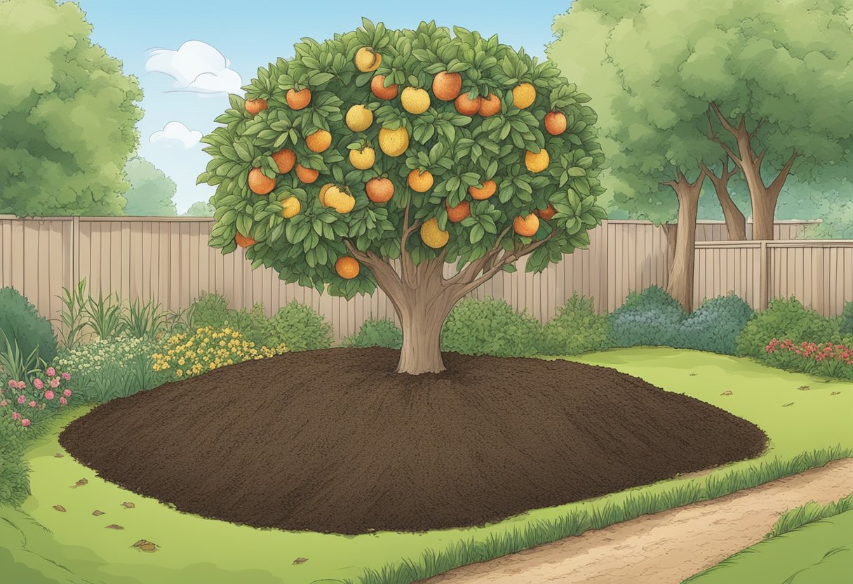 A variety of mulch types surround a thriving fruit tree, including straw, wood chips, and compost, highlighting the importance of choosing the best mulch for fruit trees