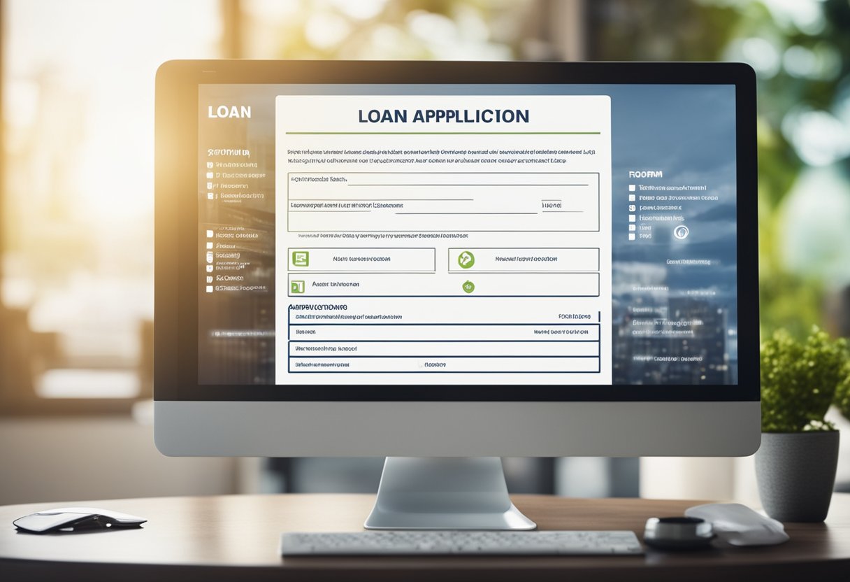 A computer screen displays the OJK online loan application form. Icons for personal information, loan amount, and terms are visible