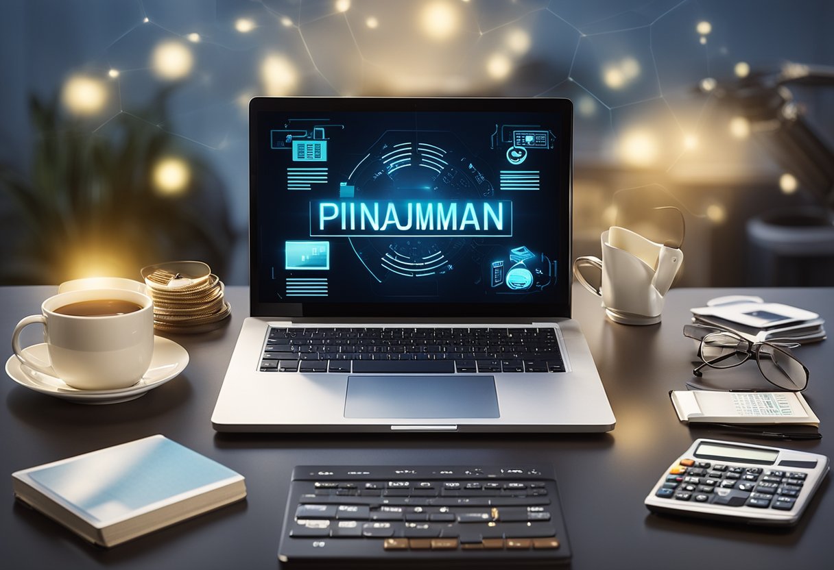 A laptop with a glowing screen displaying "pinjaman online terbaik" surrounded by various financial icons and a calculator