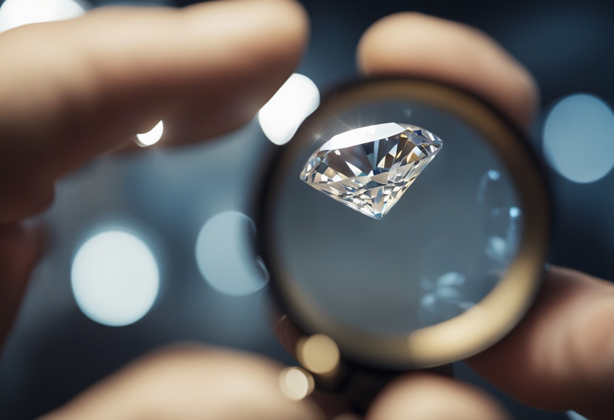 A diamond being examined under a magnifying glass, with light reflecting off its facets. A jeweler's loupe and diamond testing equipment are visible nearby
