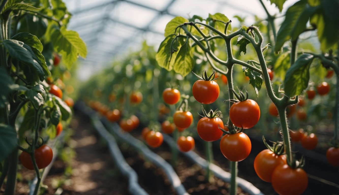 Tomatoes being fed with a drip irrigation system in a greenhouse