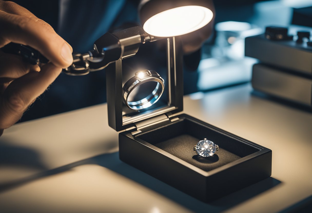 A jeweler uses a loupe to inspect a diamond under bright light, checking for clarity, color, and cut. Specialized equipment measures the diamond's weight and dimensions, while a professional appraisal certificate is displayed nearby