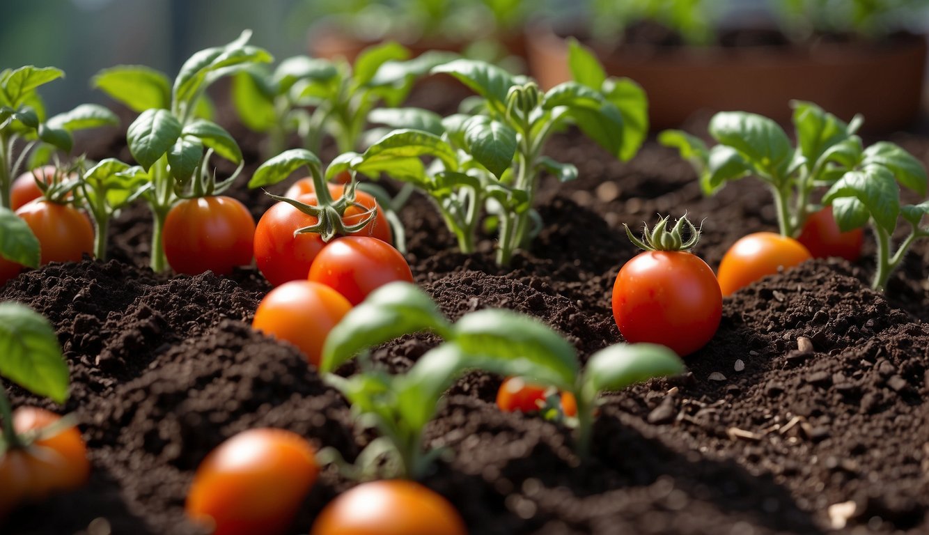 Tomato plants surrounded by compost, eggshells, and coffee grounds for natural fertilizer
