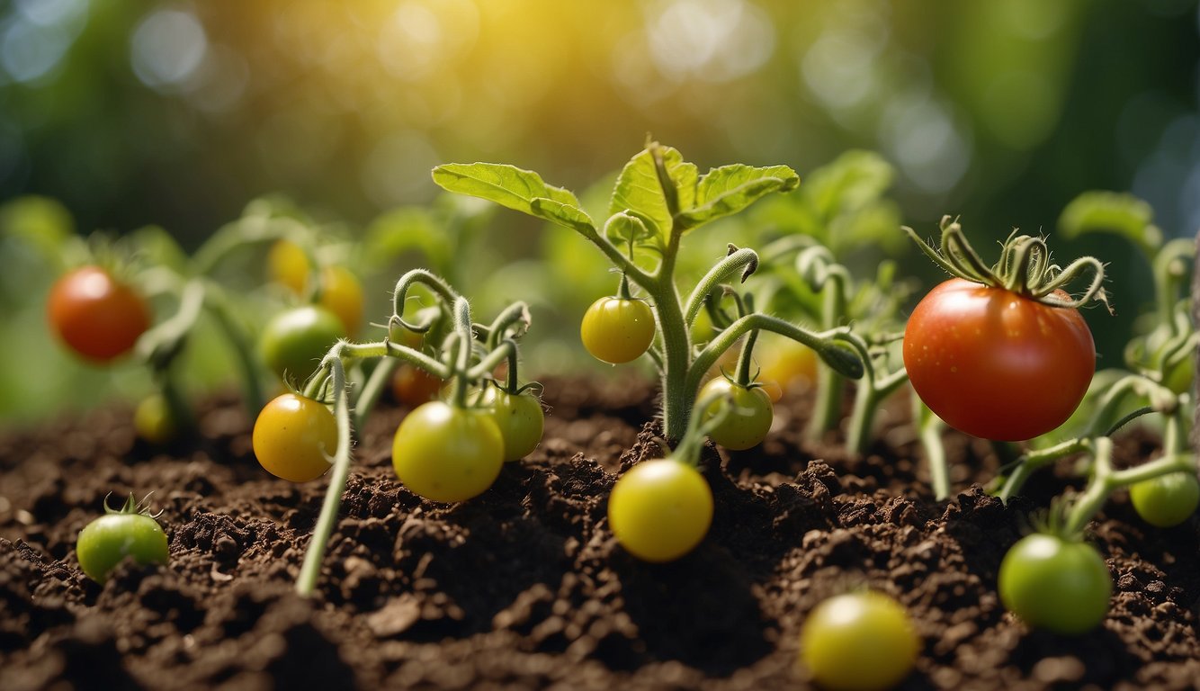 A tomato plant grows from a seed, sprouting into a young plant with green leaves and yellow flowers. As it matures, the flowers develop into small green tomatoes, which gradually ripen into vibrant red fruits. Fertilizer is applied to the soil