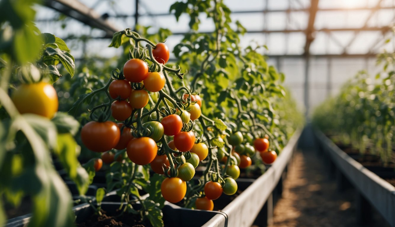 Tomatoes being fertilized in various environments: greenhouse, outdoor garden, and hydroponic system