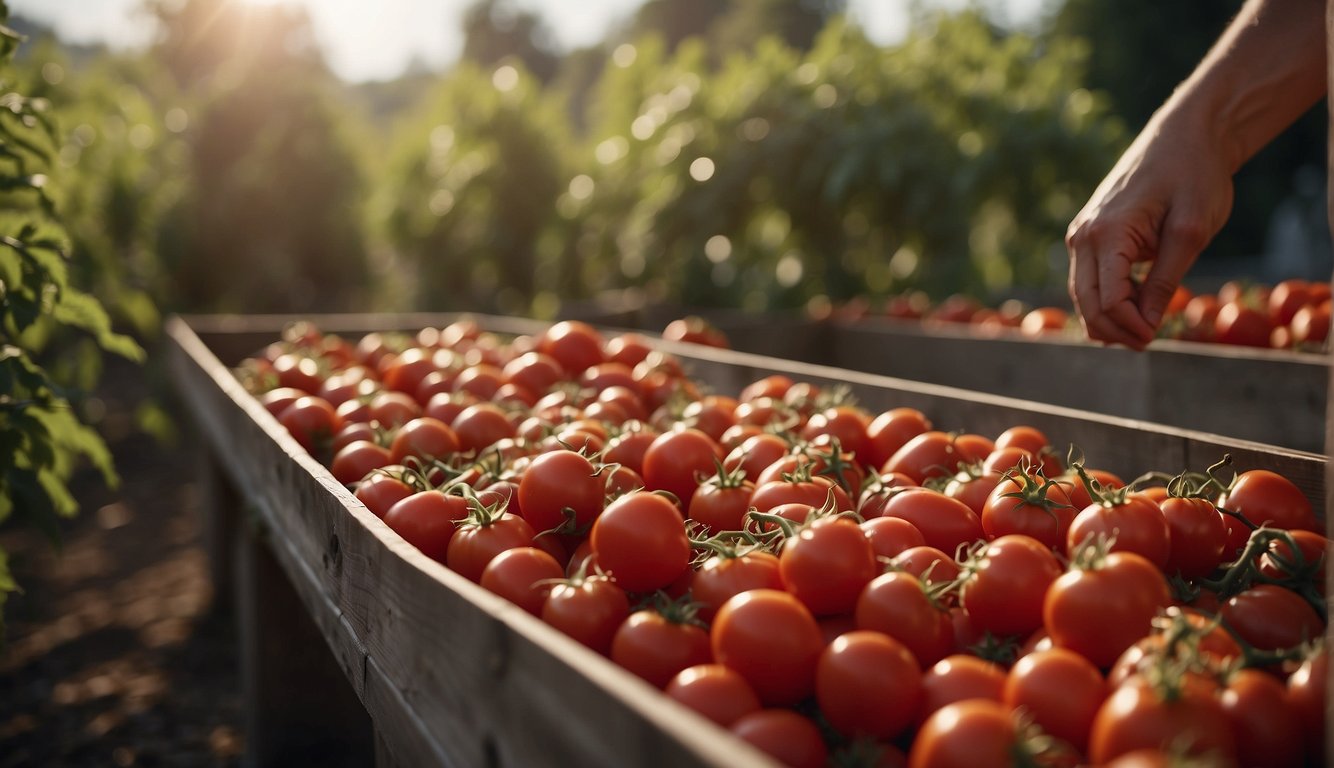 Tomatoes being dropped into a feeding trough labeled "Frequently Asked Questions."