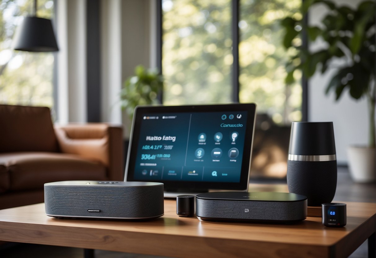 Smart devices and appliances fill a modern home, including voice-activated speakers, smart thermostats, and app-controlled lighting