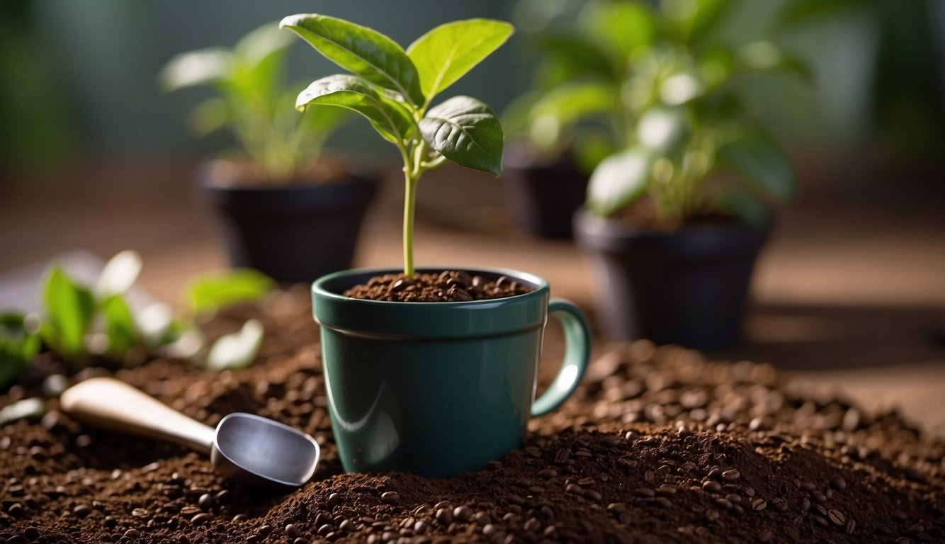 Coffee grounds are spread evenly in a potted plant. A small shovel mixes the grounds into the soil. The plant is watered, and the process is complete