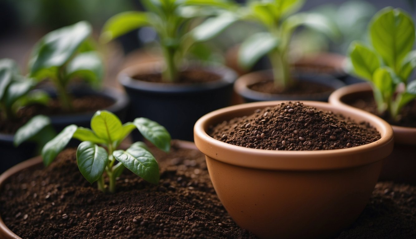 Coffee grounds sprinkled on soil in potted plants, enriching and fertilizing the plants