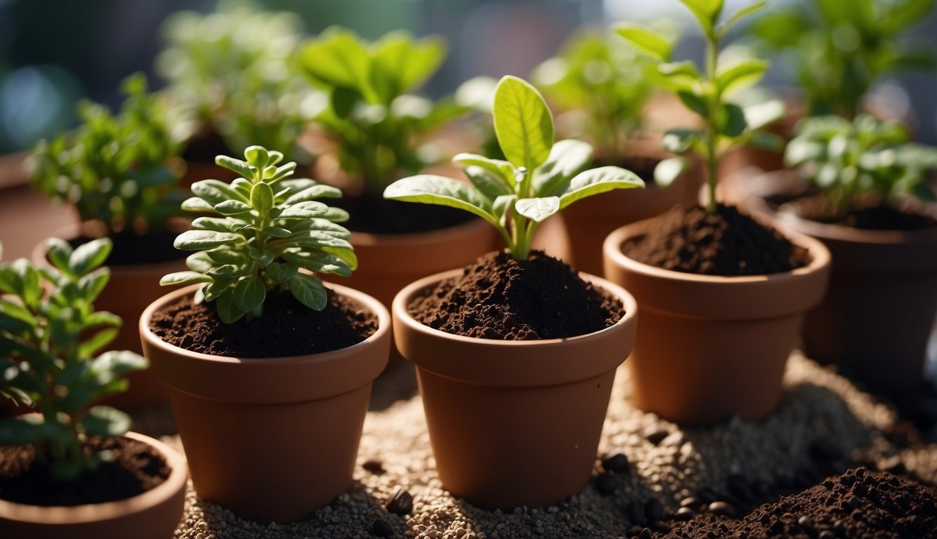 Potted plants with varying soil pH levels, coffee grounds being added to soil, and plants thriving