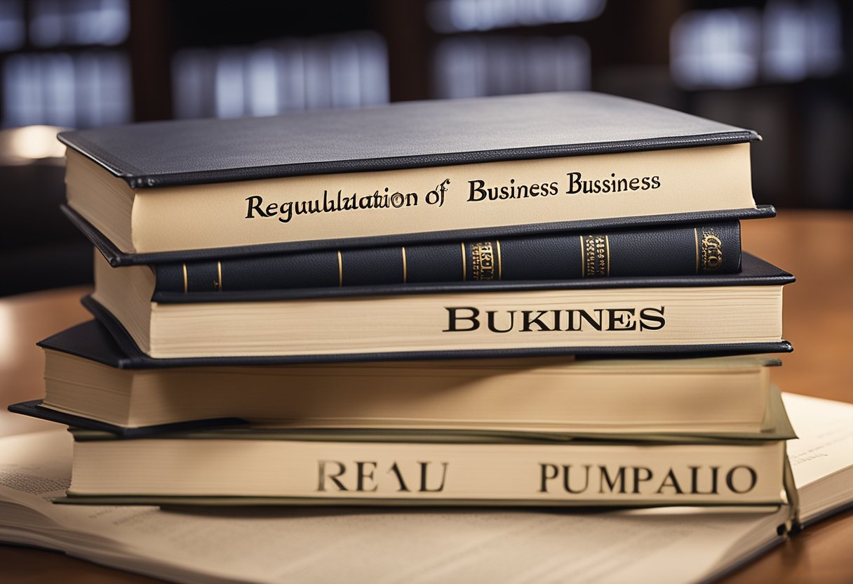 A stack of business law books next to a document with "Regulation of Business" written on it