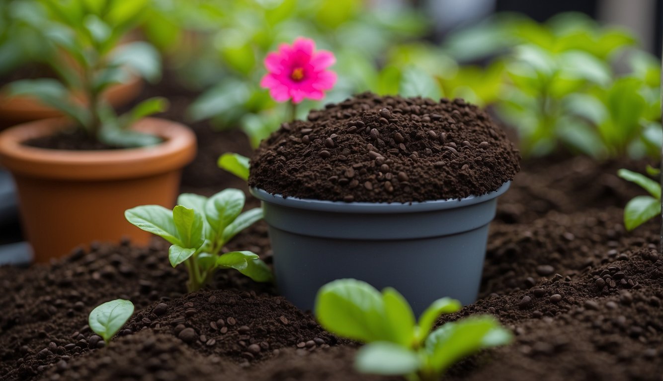 Potted plants with coffee grounds mixed into soil, thriving with green leaves and colorful blooms. A small compost bin nearby collects used coffee grounds for future use
