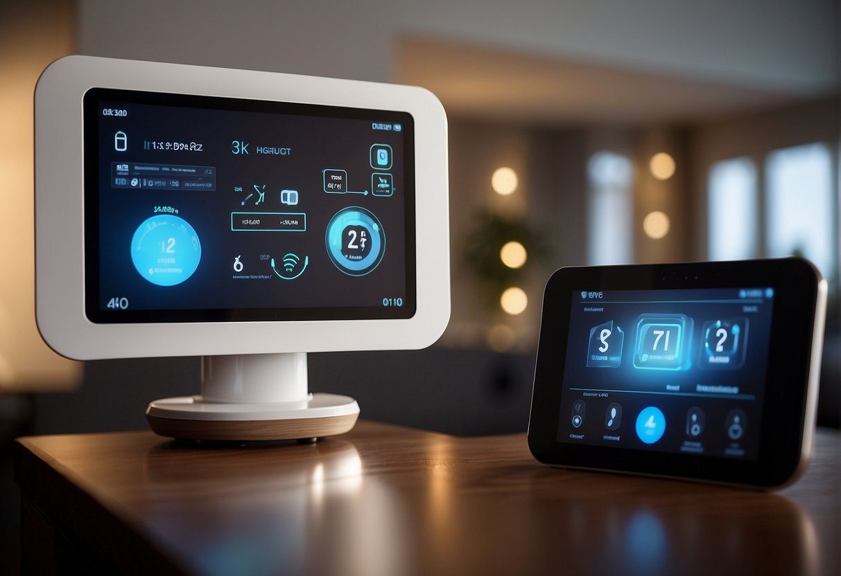 Smart home devices communicate and adjust settings seamlessly. Lights dim, thermostat regulates, and security system activates