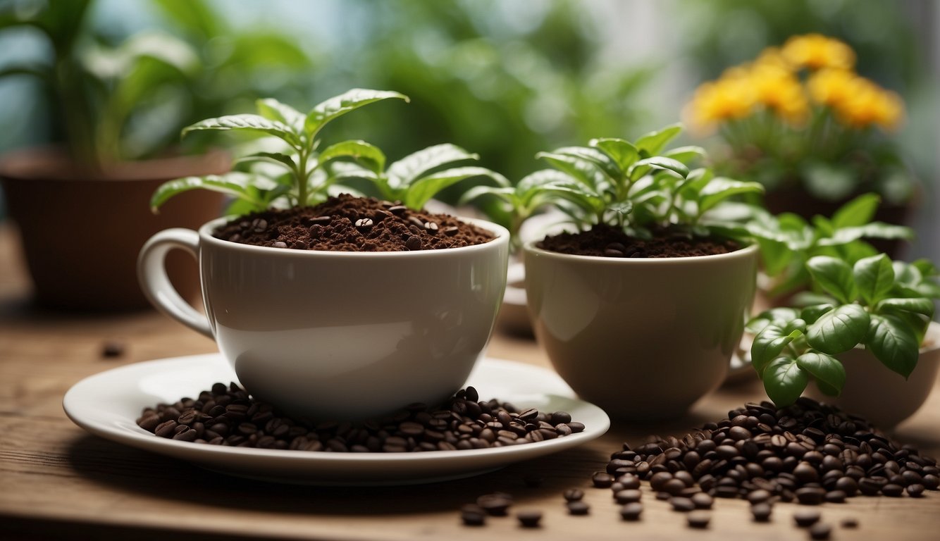 Coffee grounds sprinkled on potted plants, enriching soil. Plants thriving, green leaves and colorful blooms. A coffee cup nearby, hinting at the source of nourishment