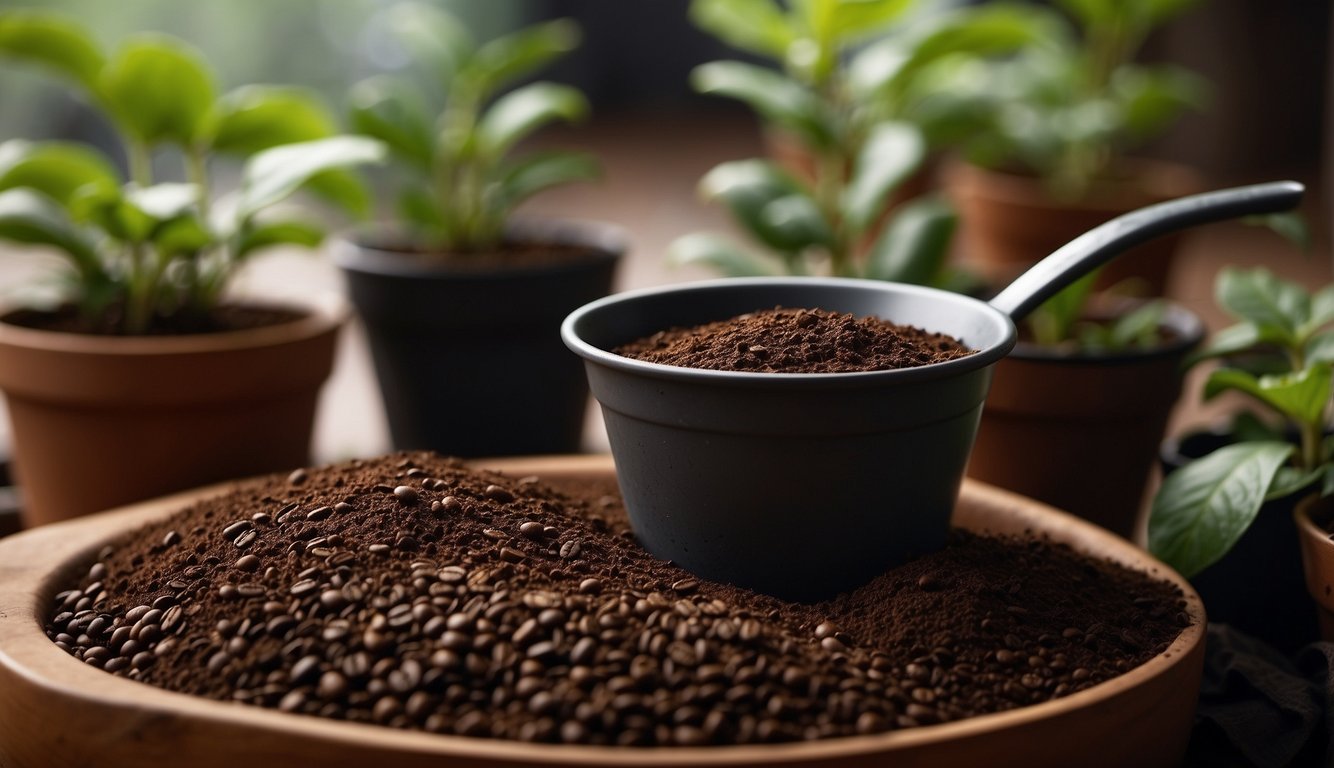 Coffee grounds sprinkled around potted plants, with a small shovel nearby