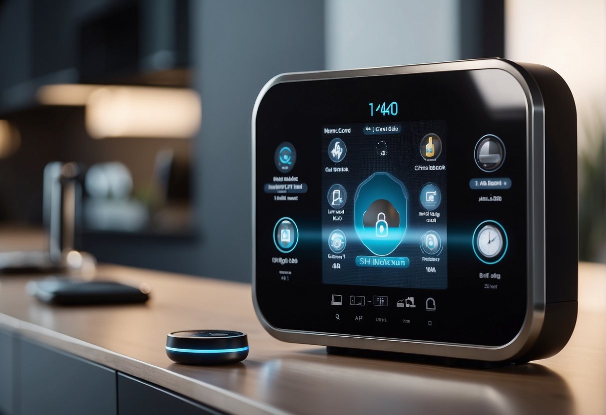 A smart home hub surrounded by a lock and key, shielded by a protective barrier, with a digital lock and surveillance camera