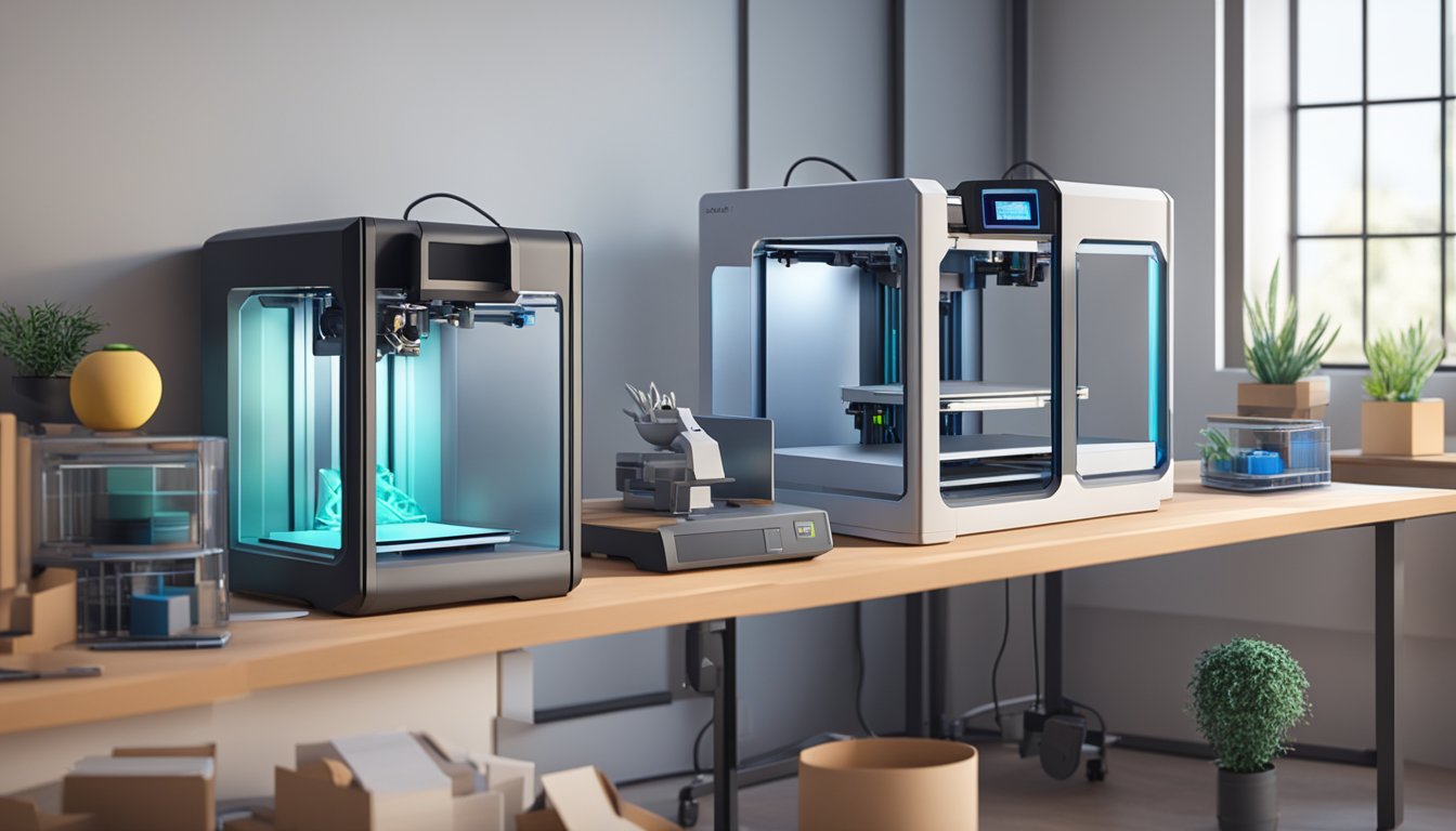 Various types of 3D printers in a well-lit workspace, each printer showcasing a different design and size, with materials and tools neatly organized nearby