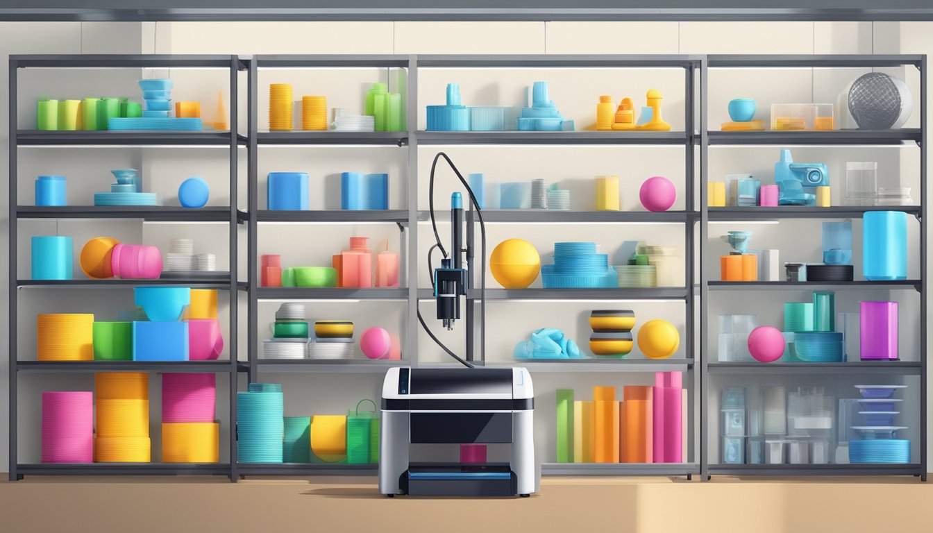 Various types of 3D printers and consumables, displayed on shelves in a well-lit room