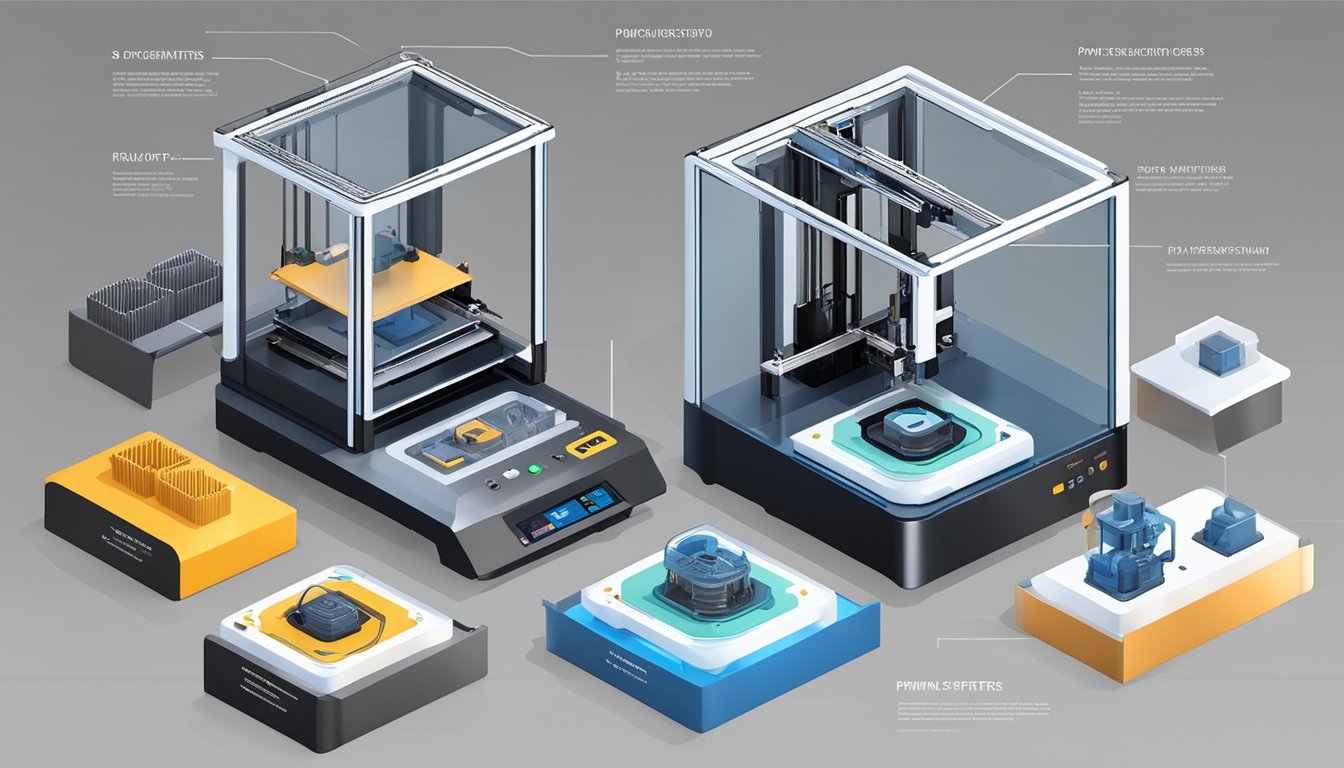 A variety of 3D printers with technical specifications and maintenance instructions displayed