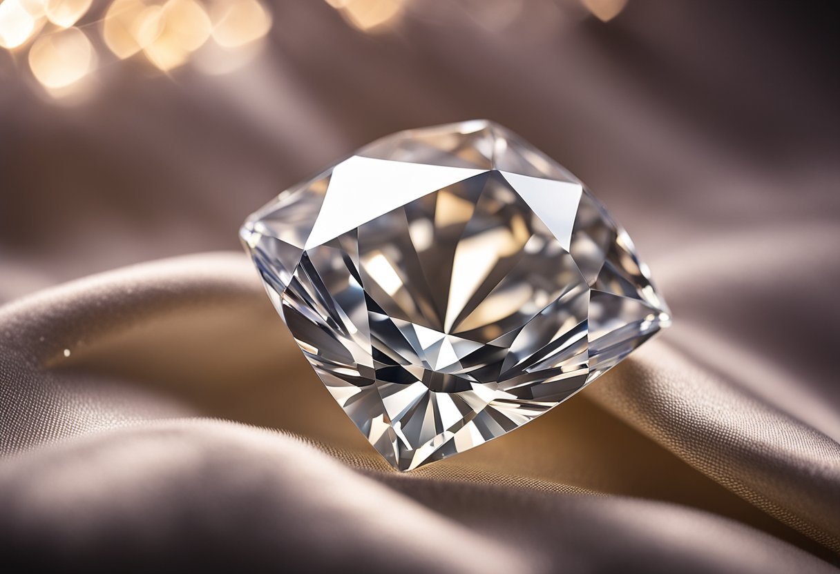 A 1 carat diamond sits on a velvet cushion, surrounded by a soft glow, with a price tag of $5,000