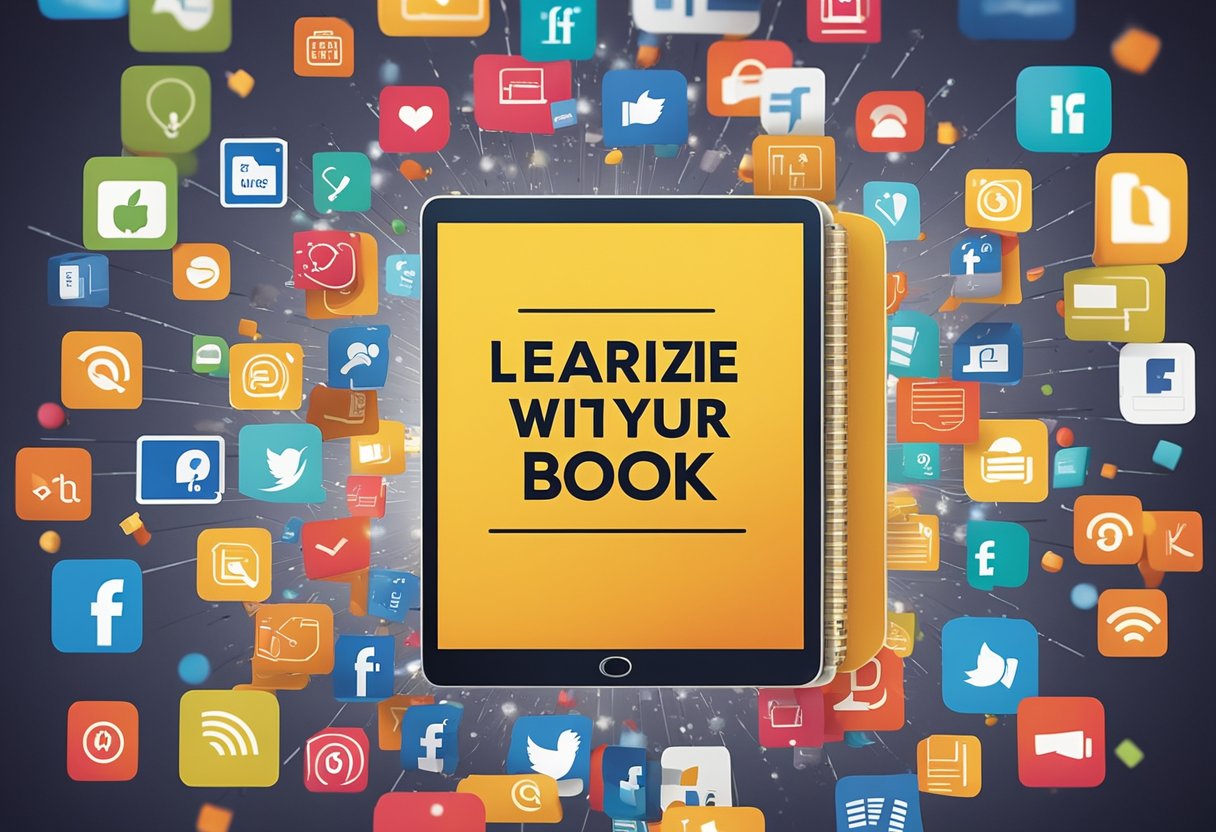 A colorful book cover with bold text stands out on a Facebook feed. A hand clicks the "Learn More" button. Text reads "Maximize Your Book's Visibility with Facebook Ads."
