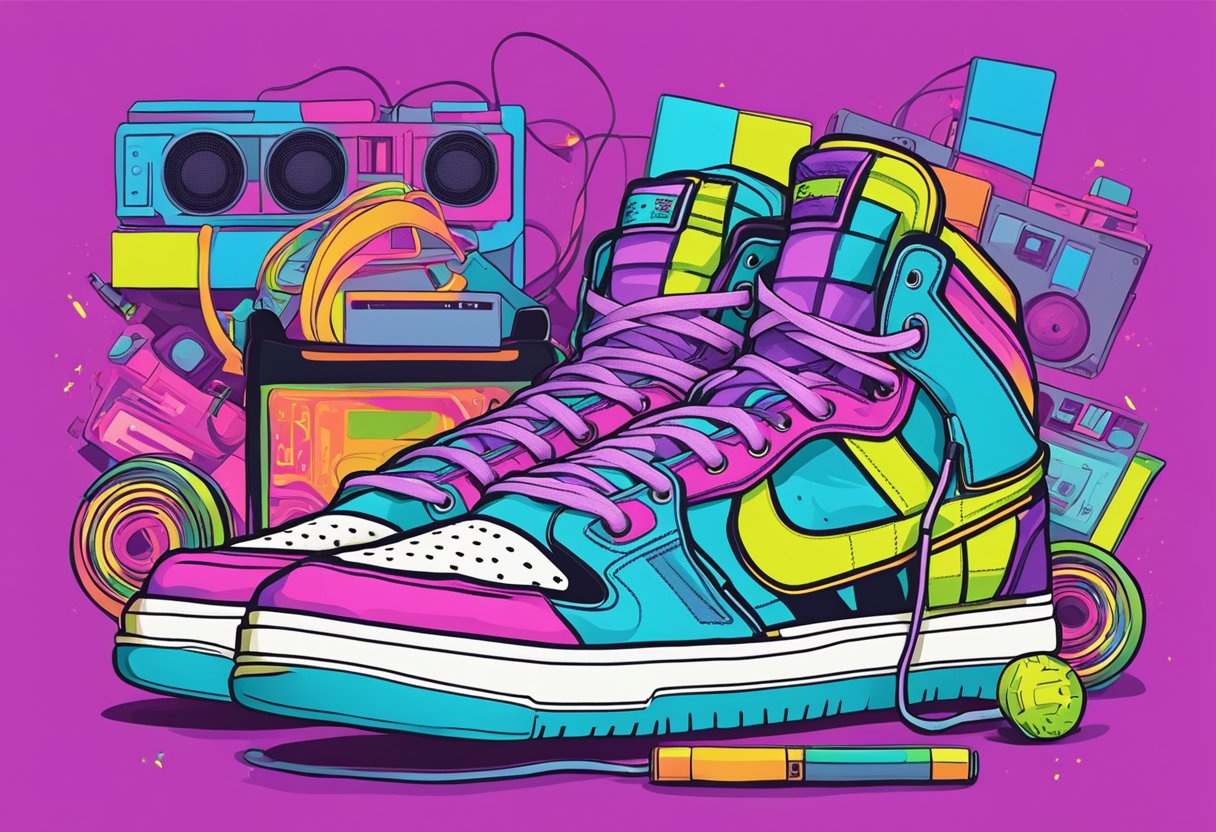 A pair of bright, neon-colored high-top sneakers with chunky soles and bold patterns, surrounded by cassette tapes and a boombox