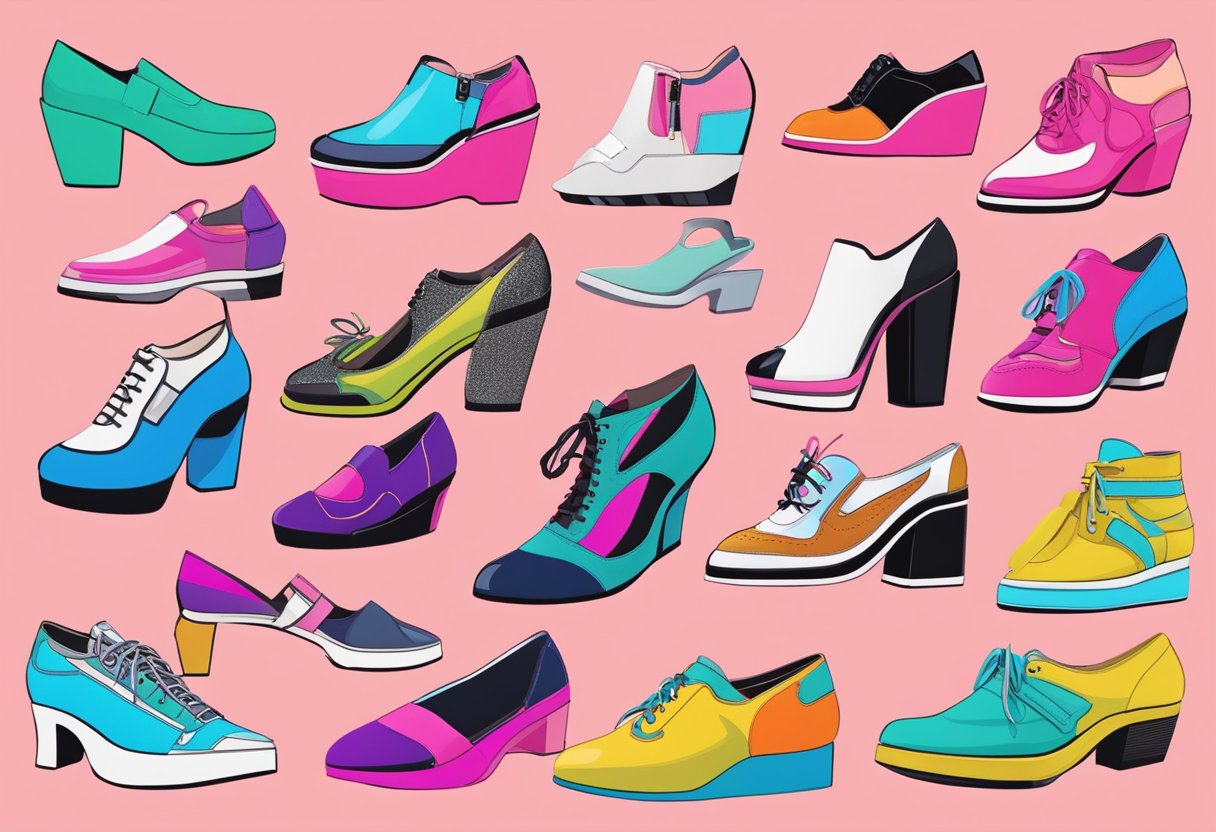 A display of 80s women's shoes, bold colors, high heels, and chunky platforms, with iconic designs like pumps and sneakers