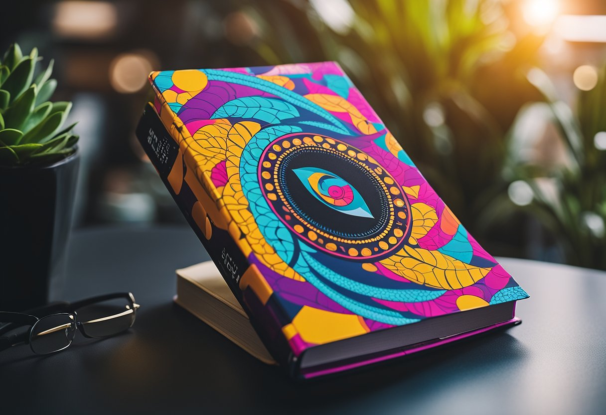 A book with a bold and eye-catching cover is displayed on a vibrant social media feed, surrounded by engaging and relevant content