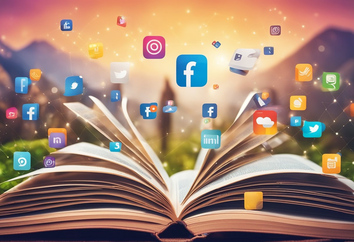 A book sitting on a colorful, vibrant social media landscape, with various platforms and icons surrounding it, representing the different advertising opportunities available